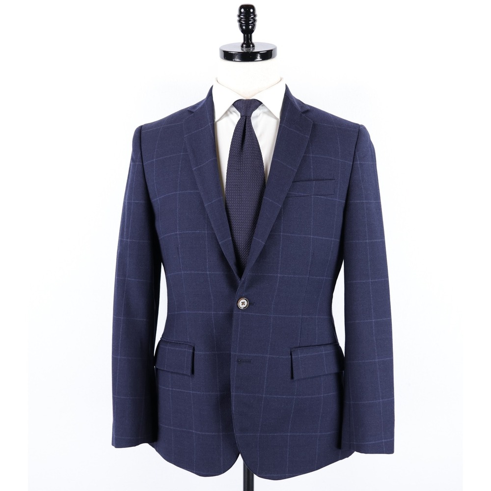 J. Crew Thompson Suit Size 36S Navy Blue Windowpane Check Wool Blend Preppy